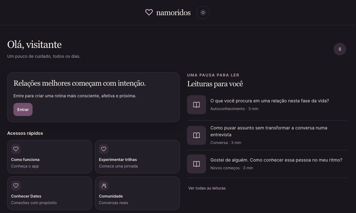 Tela do app Namoridos